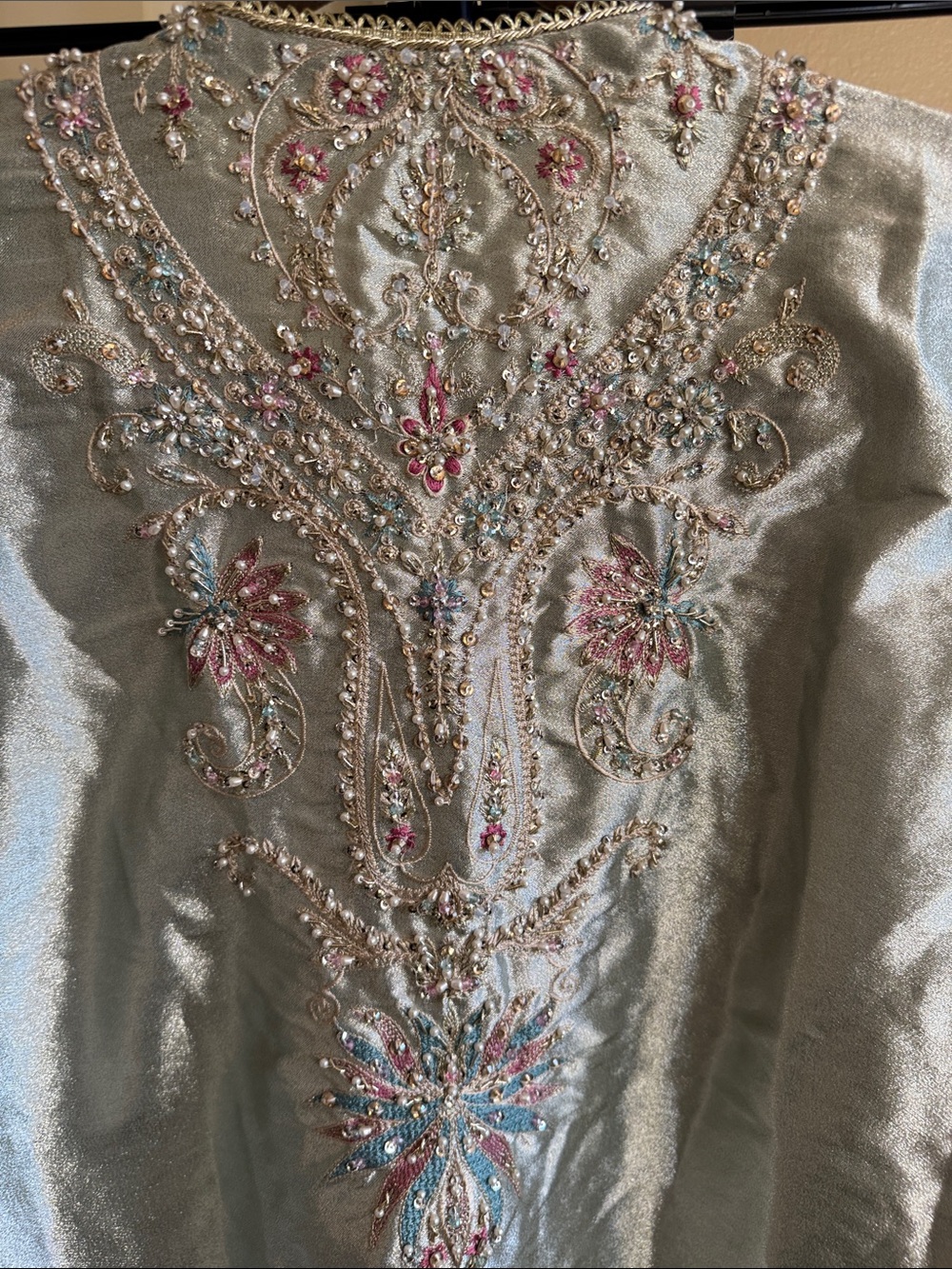 MUSHQ Embellished silk dress in Shimmering Aqua silver&tissue heavy work dupatta - Picture 14 of 16